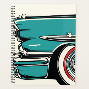 Retro Teal Sports Car Front Pop Art Illustration Planner