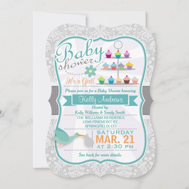 Retro Teal Stork; Light Grey Damask Baby Shower Invitation (Front)