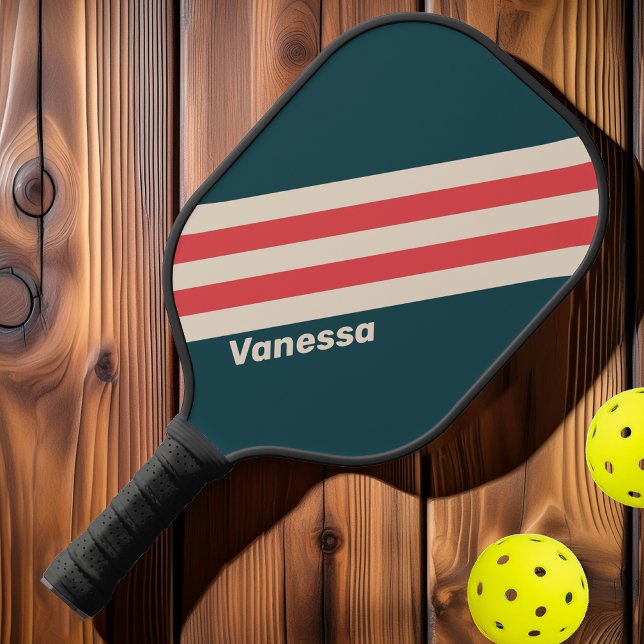 Retro Teal Vibe Stripes with Name Pickleball Paddle (Creator Uploaded)