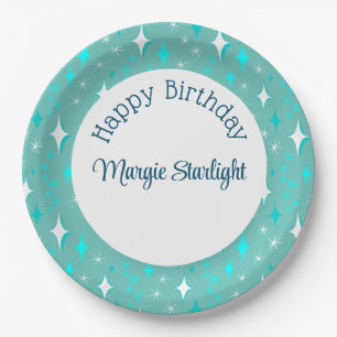 Retro Teal White Atomic Stars Pattern Editable Paper Plate