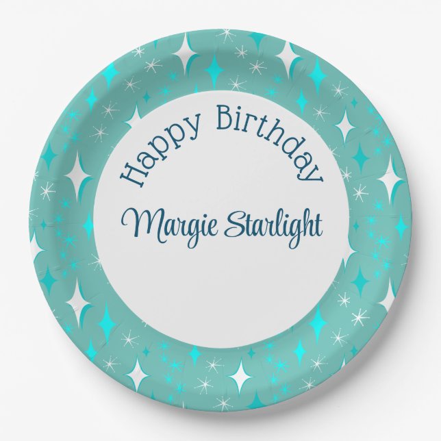 Retro Teal White Atomic Stars Pattern Editable Paper Plate (Front)