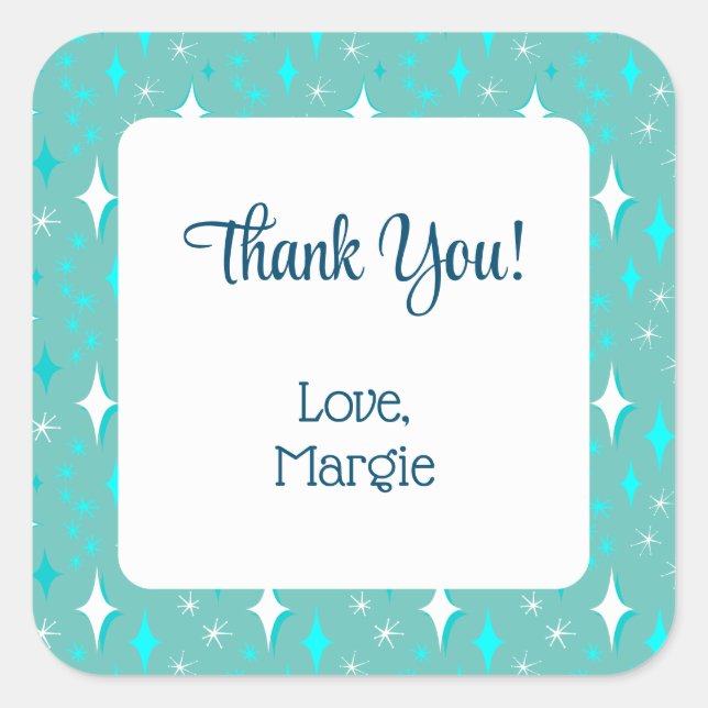 Retro Teal White Stars Editable Thank You Square Sticker (Front)