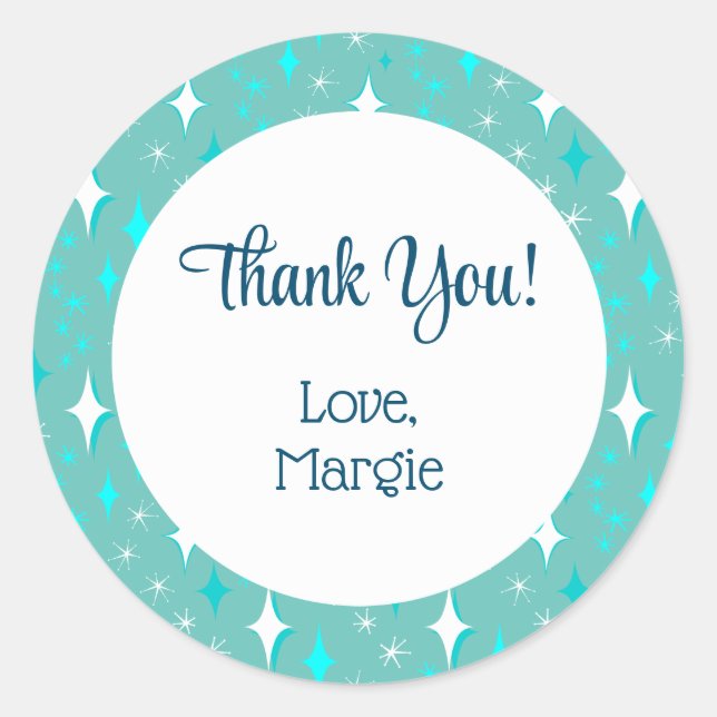 Retro Teal White Stars Editable Thank You Stickers (Front)