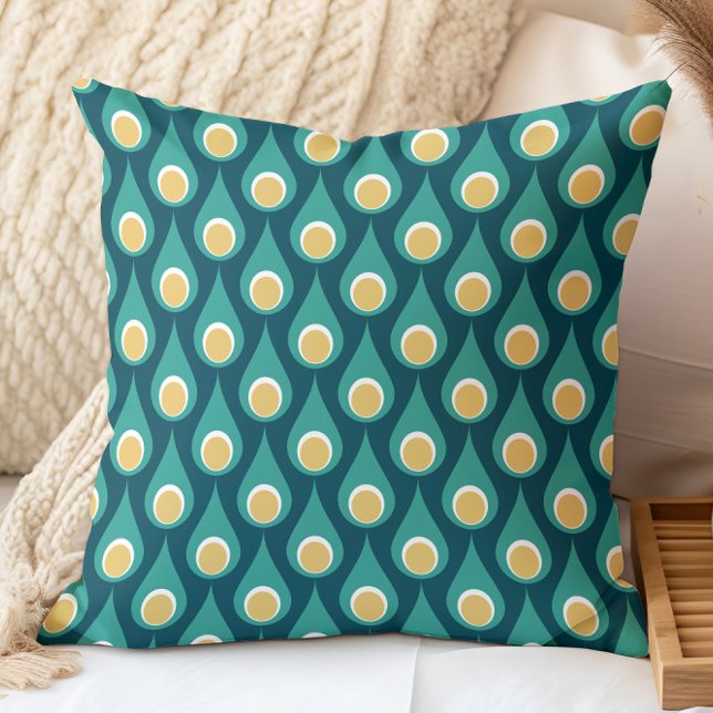 Retro Teal Yellow Geometric Drops Pattern Cushion (Creator Uploaded)