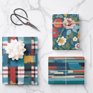 Retro Teals Plaid Floral and Line Set of 3 Wrapping Paper Sheet