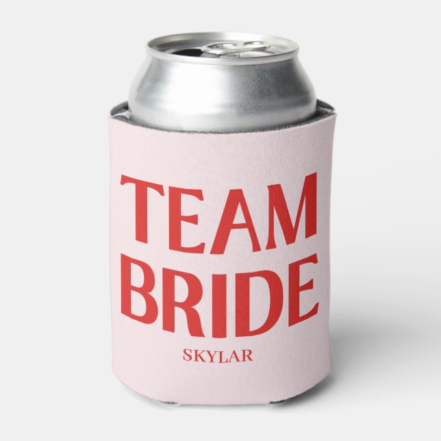 Retro Team Bride Bachelorette Red Pink Can Cooler (Can Front)