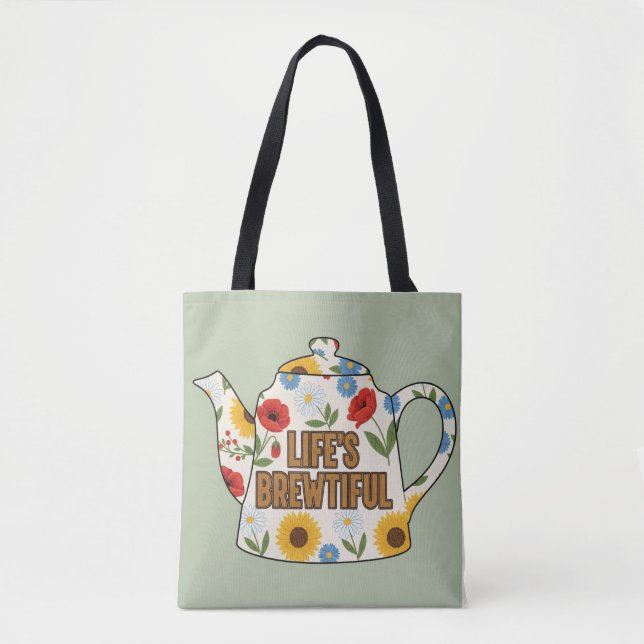 Retro teapot life's brewtiful design tote bag (Front)