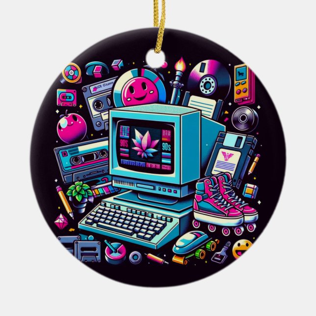 Retro Tech Playground: A Nostalgic 90s Odyssey Ceramic Ornament (Front)