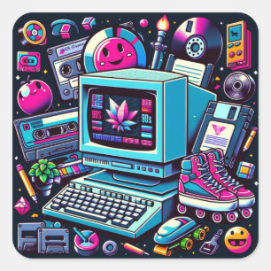 Retro Tech Playground: A Nostalgic 90s Odyssey Square Sticker