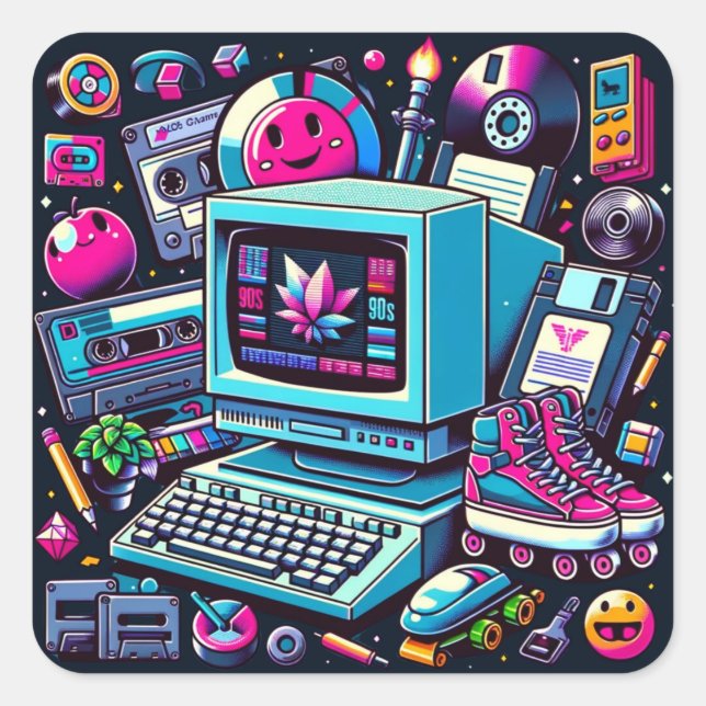 Retro Tech Playground: A Nostalgic 90s Odyssey Square Sticker (Front)