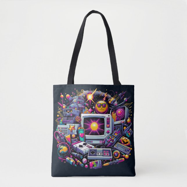 Retro Tech Playground: A Nostalgic 90s Odyssey Tote Bag (Front)