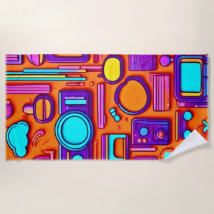 Retro Tech Pop: Nostalgic Gadget Collage Beach Towel