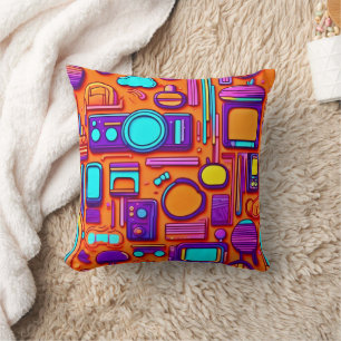 Retro Tech Pop: Nostalgic Gadget Collage Cushion