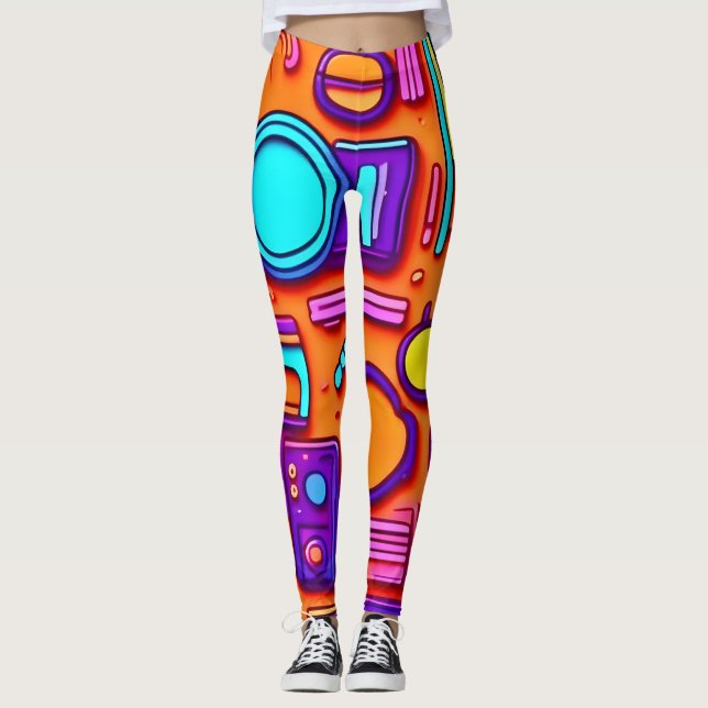 Retro Tech Pop: Nostalgic Gadget Collage Leggings (Front)