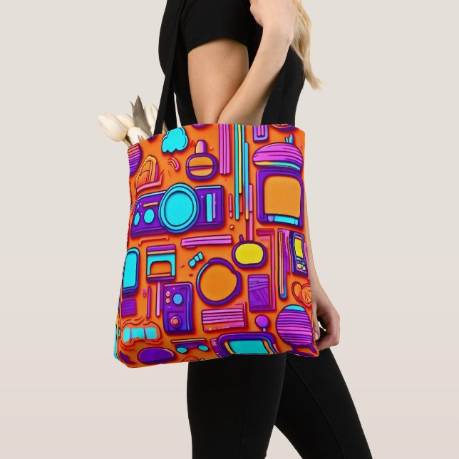 Retro Tech Pop: Nostalgic Gadget Collage Tote Bag (Close Up)