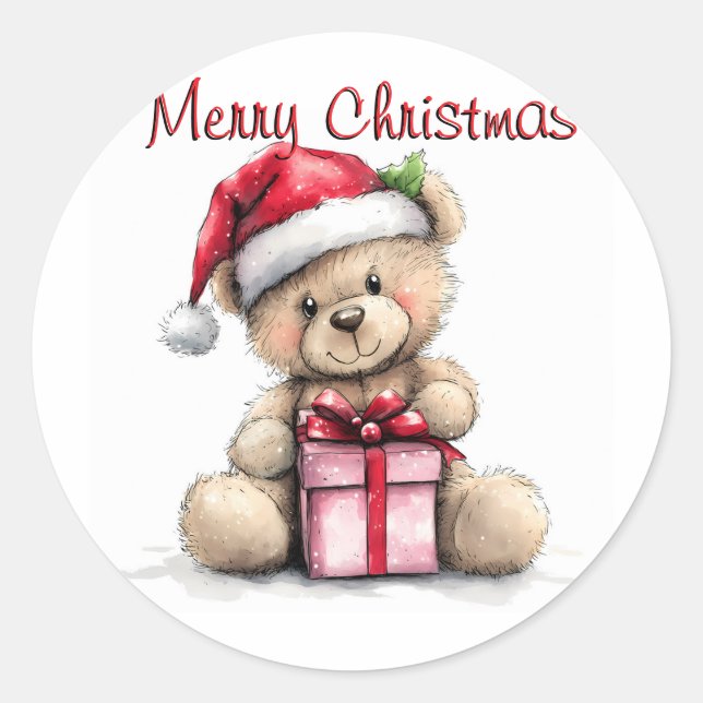 Retro Teddy Beer Merry Christmas Classic Round  Classic Round Sticker (Front)