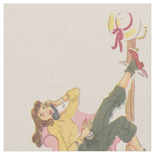 Retro Teenager on Telephone Vintage Inspired Print Fabric (Close Up)