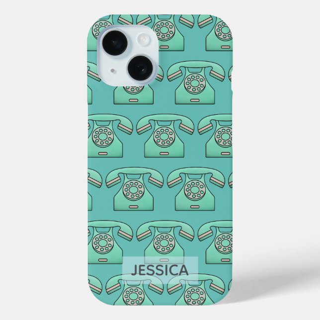 Retro Telephone Cute Teal Pattern Personalised Case-Mate iPhone Case (Back)