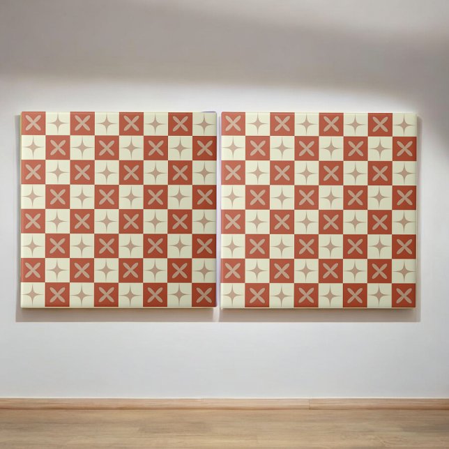 Retro Terracotta & Beige Starburst Chequered  Ceramic Tile (Creator Uploaded)