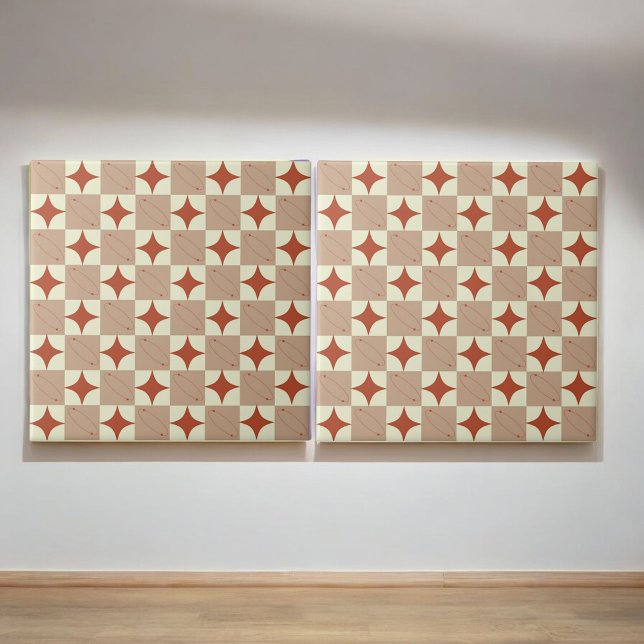 Retro Terracotta & Beige Starburst Chequered  Ceramic Tile (Creator Uploaded)