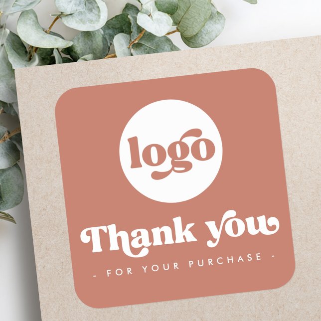 Retro terracotta brown add logo business thank you square sticker (Retro terracotta brown add logo business thank you square sticker)