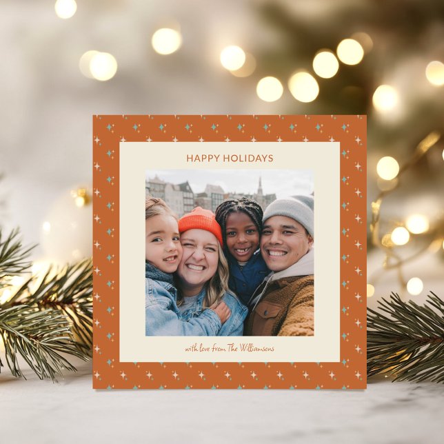 Retro Terracotta Stars  Christmas Photo Square Holiday Card (Creator Uploaded)