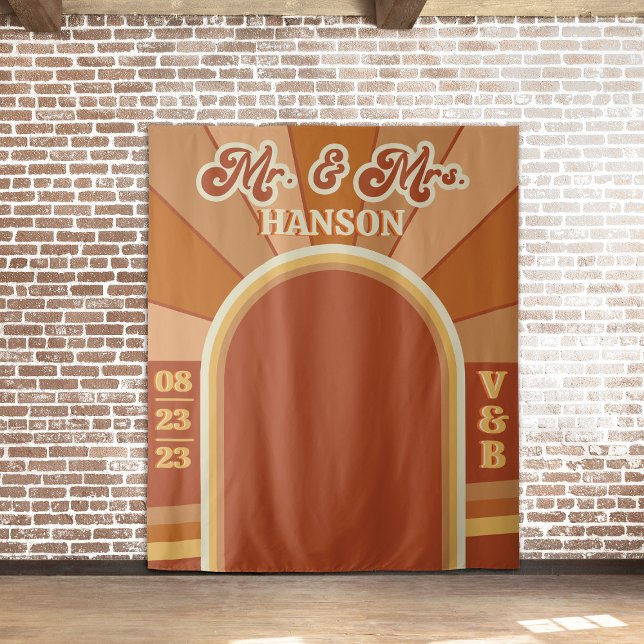 Retro Terracotta Typography Summer Photo Wedding Tapestry (Creator Uploaded)