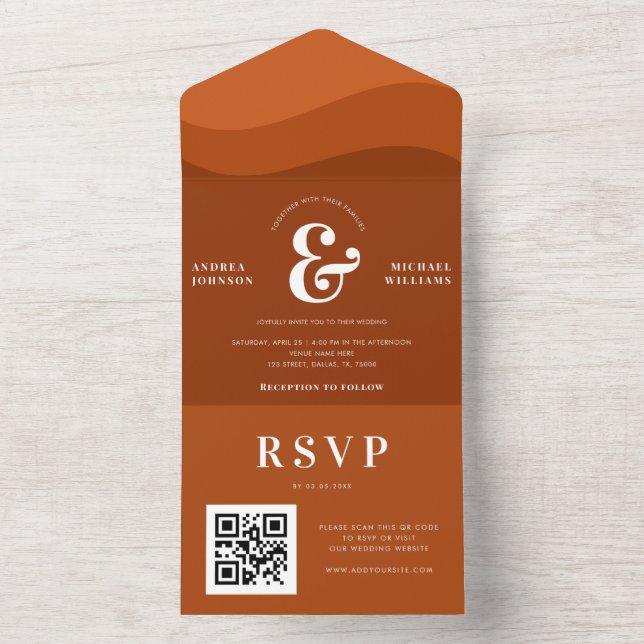 Retro Terracotta Waves Ampersand QR Code Wedding All In One Invitation (Inside)