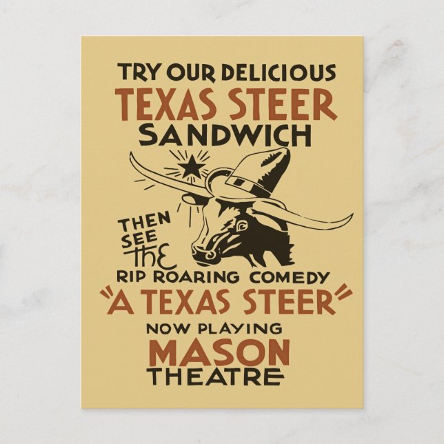 Retro Texas Steer Sandwich and theatre play ad Postcard (Front)