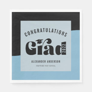 Retro Text Light Blue and Black Graduation Napkin