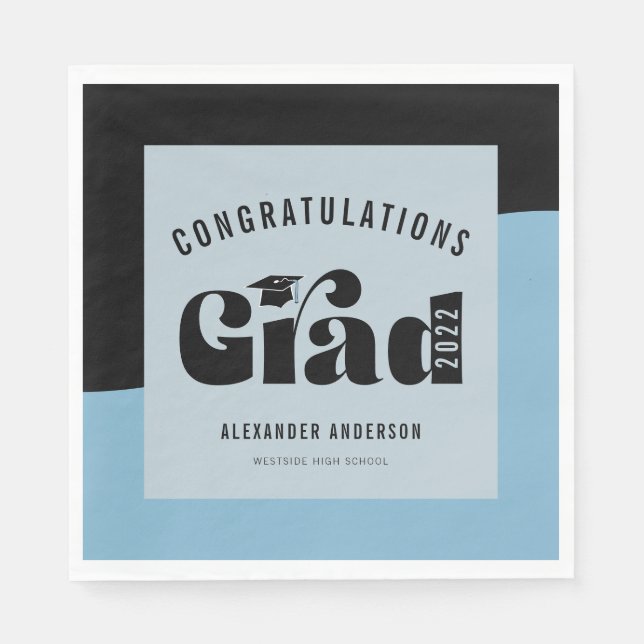 Retro Text Light Blue and Black Graduation Napkin (Front)