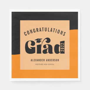 Retro Text Light Orange and Black Graduation Napkin