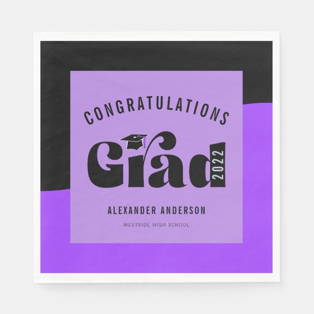Retro Text Light Purple and Black Graduation Napkin (Front)