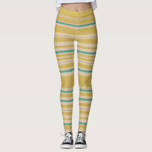Retro Textured Mesh Stripes Mustard Teal Beige Leggings