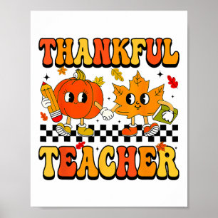 Retro Thankful Teacher Groovy Thanksgiving Fall Wo Poster