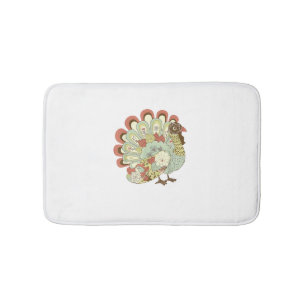 Retro Thanksgiving Turkey  - Vintage Floral Bath Mat