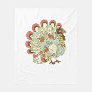 Retro Thanksgiving Turkey - Vintage Floral Fleece Blanket