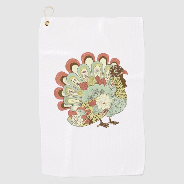 Retro Thanksgiving Turkey  - Vintage Floral Golf Towel (Front)