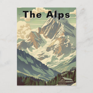 Retro The Alps Travel Skiing Mountain Lodge Postcard