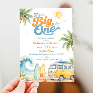 Retro The Big One Surf Beach 1st Birthday Invitation