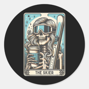 Retro The Skier Tarot Card Funny Skeleton Skier Sk Classic Round Sticker