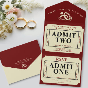 Retro Theatre Movie Ticket Stub Admit Two Wedding All In One Invitation