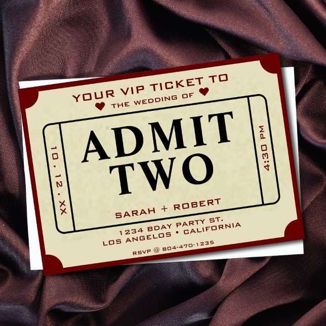 Retro Theatre Movie Ticket Stub Admit Two Wedding Invitation (Retro Theater Movie Ticket Stub Admit Two Wedding Invitation)