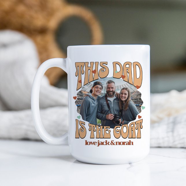 Retro This Dad is the Goat Photo 15oz Coffee Mug (Retro GOAT mug for greatest dad of all time with photo and kids names)