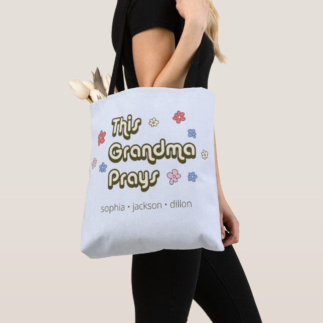 Retro This Grandma Prays Light Blue Tote Bag (Close Up)