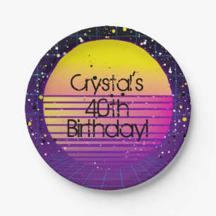 Retro Throwback to 80's Purple Yellow Sun Party Paper Plate