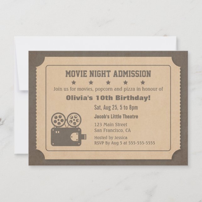 Retro Ticket Movie Night Birthday Party Invitation (Front)
