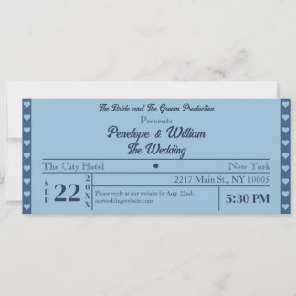Retro Ticket Style Simple Blue Wedding Invitation