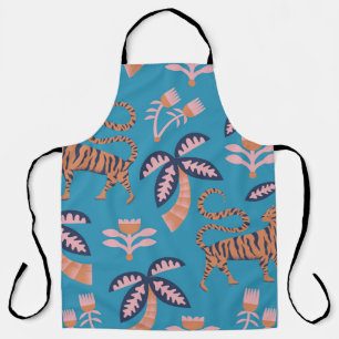 Retro tiger, palm tree, flower pattern apron
