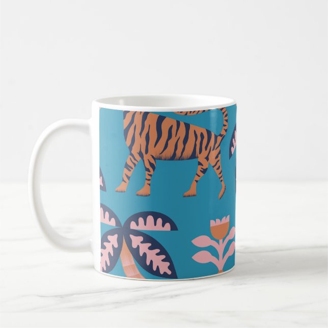 Retro tiger, palm tree, flower pattern coffee mug (Left)